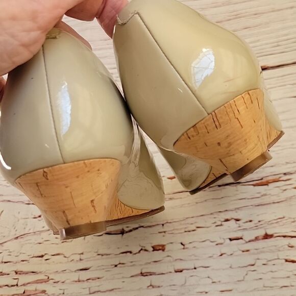 Cole Haan Taupe Patent Peep Toe Wedges Size 7 - Picture 5 of 8